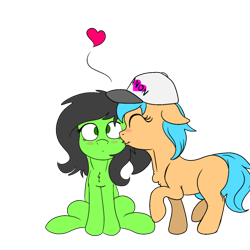 Size: 600x600 | Tagged: artist needed, dead source, safe, oc, oc only, oc:anon filly, oc:little league, pony, baseball cap, blushing, cap, chest fluff, female, filly, hat, heart, kiss on the cheek, kissing, raised hoof, shipping, simple background, sitting, standing, surprise kiss, surprised, transparent background, wide eyes