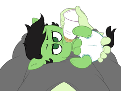 Size: 1600x1200 | Tagged: safe, artist:lazynore, oc, oc:anon, oc:anon filly, pony, annoyed, baby, baby pony, bottle feeding, cute, diaper, drinking, duo, female, filly, foal, holding, holding a pony, lidded eyes, looking at you, milk, offscreen character, on back, pov, simple background, solo focus, transparent background, underhoof