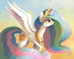 Size: 2500x2000 | Tagged: safe, artist:cuteskitty, princess celestia, alicorn, pony, cloud, jewelry, looking up, raised hoof, regalia, smiling, solo, spread wings, standing