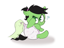 Size: 1600x1200 | Tagged: safe, artist:lazynore, oc, oc:anon, oc:anon filly, pony, angry, baby, baby pony, blushing, cute, diaper, diaper change, disembodied hand, duo, female, filly, floppy ears, foal, hairband, hand, lying down, offscreen character, scrunchy face, simple background, solo focus, sweat, sweatdrop, transparent background