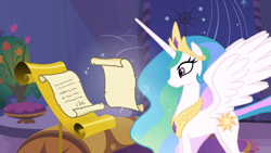 Size: 1366x768 | Tagged: safe, screencap, princess celestia, alicorn, pony, griffon the brush off, dear princess celestia, letter, solo