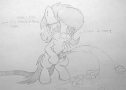 Size: 1300x933 | Tagged: artist needed, source needed, useless source url, safe, oc, oc:anon, oc:anon filly, bipedal, crying, dialogue, female, filly, flower, grayscale, hoof hold, hose, implied twilight sparkle, monochrome, offscreen character, traditional art