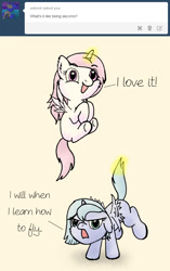 Size: 641x1018 | Tagged: safe, artist:arvaus, princess celestia, princess luna, alicorn, pony, ask, ask woona and tia, cewestia, cute, filly, magic, tumblr, woona