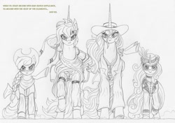 Size: 1400x987 | Tagged: safe, artist:leovictor, apple bloom, scootaloo, sweetie belle, oc, oc:nyx, alicorn, pony, alicornified, badass, clothes, monochrome, older, race swap, scootacorn, western