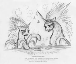 Size: 1000x849 | Tagged: safe, artist:leovictor, twilight sparkle, twilight sparkle (alicorn), oc, oc:nyx, alicorn, pony, dirty, explosion, frown, gritted teeth, monochrome, sketch, smoke, traditional art