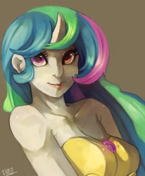 Size: 1080x1311 | Tagged: dead source, safe, artist:dhui, princess celestia, human, breastplate, horned humanization, humanized, shoulderless, solo