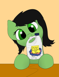 Size: 1097x1446 | Tagged: safe, artist:slowanon, oc, oc:anon filly, earth pony, pony, bipedal, bipedal leaning, bleach, female, filly, leaning, mouth hold, simple background, sticky note, this will end suffering