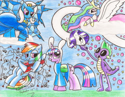 Size: 3228x2502 | Tagged: safe, artist:chikisxsxs210, princess celestia, rainbow dash, rarity, spike, trixie, twilight sparkle, pony, unicorn, adventure time, clothes, cosplay, costume, crossover, finn the human, ice king, jake the dog, lady rainicorn, marceline, parody, pegasas, princess bubblegum, traditional art, wat