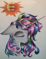 Size: 1046x1333 | Tagged: safe, artist:bronypox, princess celestia, alicorn, pony, female, horn, mare, multicolored mane, solo, traditional art, white coat