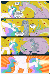 Size: 1109x1634 | Tagged: safe, artist:brainsister, princess celestia, rarity, spike, alicorn, dragon, pony, unicorn, comic:time, cave, comic, ethereal mane, female, future, male, mare, shipping, sparity, spikezilla, straight, winged spike, winged spikezilla