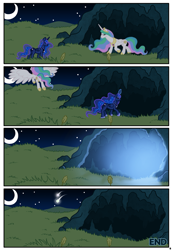 Size: 1115x1620 | Tagged: safe, artist:brainsister, princess celestia, princess luna, alicorn, pony, comic:time, comic, death, feels, future, shooting star