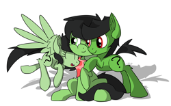 Size: 1294x801 | Tagged: safe, artist:countryroads, oc, oc:anon filly, oc:colt anon, earth pony, pegasus, pony, bandana, colt, female, filly, flying, happy, hug, male, simple background, sitting