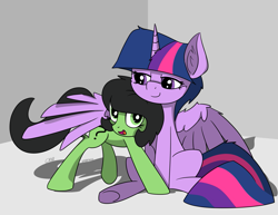 Size: 1553x1200 | Tagged: safe, artist:countryroads, twilight sparkle, twilight sparkle (alicorn), oc, oc:anon filly, alicorn, female, filly, happy, hug, looking at each other, mama twilight, simple background, sitting, winghug