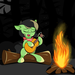 Size: 1550x1550 | Tagged: safe, artist:countryroads, oc, oc only, oc:anon filly, bandana, campfire, eyes closed, female, filly, fire, forest, guitar, night, sitting, solo