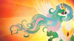 Size: 1920x1080 | Tagged: safe, artist:rariedash, princess celestia, alicorn, pony, female, horn, lineless, mare, solo, sunburst background, wings