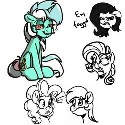 Size: 894x894 | Tagged: safe, artist:witchtaunter, derpy hooves, lyra heartstrings, pinkie pie, rarity, oc, oc:anon filly, earth pony, pegasus, pony, unicorn, angry, disgusted, drugs, female, filly, floppy ears, high, looking at you, marijuana, monochrome, open mouth, partial color, red eyes, shocked, simple background, sitting, sketch, smiling, smoking, vulgar, white background