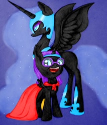 Size: 744x873 | Tagged: safe, artist:velisap, nightmare moon, oc, oc:nyx, alicorn, pony, fanfic:past sins, alicorn oc, cape, clothes, cmc cape, dress, glasses, nightmare nyx, two sides