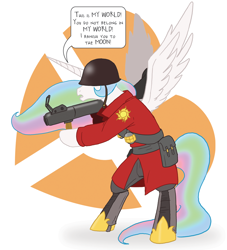 Size: 1000x1100 | Tagged: safe, artist:professor-ponyarity, princess celestia, alicorn, pony, bipedal, crossover, soldier, solo, team fortress 2