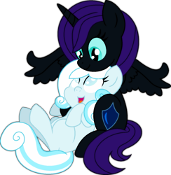 Size: 1195x1226 | Tagged: safe, artist:archerinblue, oc, oc only, oc:nyx, oc:snowdrop, cuddling, cute, snownyx, snuggling