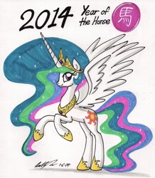 Size: 1280x1466 | Tagged: safe, artist:newyorkx3, princess celestia, alicorn, pony, 2014, solo, traditional art, year of the horse