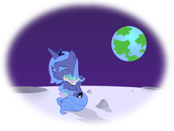 Size: 10834x8154 | Tagged: safe, artist:replaymasteroftime, princess celestia, princess luna, alicorn, pony, absurd resolution, crying, doll, eyes closed, filly, frown, hug, moon, planet, s1 luna, sitting, solo, woona