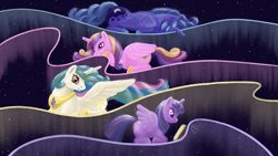 Size: 1920x1080 | Tagged: safe, artist:bronybiscuitbites, princess cadance, princess celestia, princess luna, twilight sparkle, twilight sparkle (alicorn), alicorn, pony, alicorn tetrarchy, aurora borealis, book, female, mare, reading