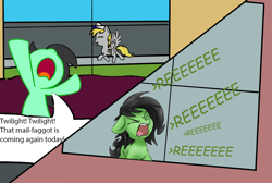 Size: 1000x671 | Tagged: safe, edit, derpy hooves, oc, oc:anon filly, behaving like a dog, female, filly, greentext, mailmare, reeee, text, vulgar