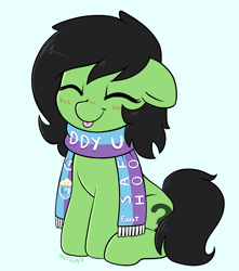 Size: 3053x3460 | Tagged: safe, artist:moozua, derpibooru exclusive, oc, oc only, oc:anon filly, earth pony, pony, /mlp/, 4chan cup, 4chan cup scarf, adoranon, blushing, chibi, clothes, cute, eyes closed, female, filly, light blue background, ocbetes, scarf, simple background, sitting, smiling, solo, tongue out