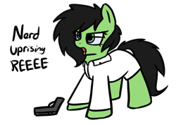 Size: 1042x736 | Tagged: safe, artist:neuro, oc, oc only, oc:anon filly, angry video game nerd, clothes, cute, female, filly, glasses, gun, handgun, lab coat, nerd, open mouth, pistol, reeee, simple background, solo, talking, tongue out, transparent background, weapon