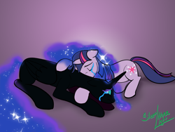 Size: 1024x768 | Tagged: safe, artist:silent-nona-light, twilight sparkle, oc, oc:nyx, crying, hug, nightmare nyx, sad