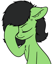 Size: 2196x2648 | Tagged: safe, artist:smoldix, oc, oc only, oc:anon filly, chest fluff, cross-popping veins, ear fluff, eyes closed, facehoof, female, filly, simple background, solo, transparent background