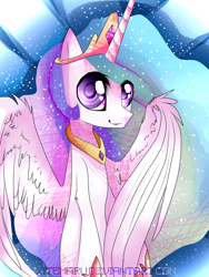 Size: 1000x1333 | Tagged: safe, artist:xitemaru, princess celestia, alicorn, pony, female, horn, looking at you, mare, multicolored mane, solo, white coat
