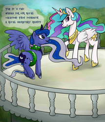 Size: 1024x1188 | Tagged: safe, artist:jrrhack, princess celestia, princess luna, alicorn, pony, snake, balcony, scrunchy face