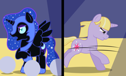 Size: 4000x2400 | Tagged: safe, artist:saturnstar14, dinky hooves, nightmare moon, twilight sparkle, oc, oc:nyx, clothes, cosplay, costume, school play