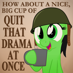 Size: 680x680 | Tagged: safe, anonymous artist, artist:zutheskunk edits, edit, oc, oc:anon filly, earth pony, pony, coffee, coffee mug, cup, drama, drinking, female, filly, helmet, holding, mug, parody, reaction image, smiling, solo, stfu, text, vector