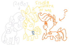 Size: 874x518 | Tagged: safe, artist:kenimina-selimino, apple bloom, scootaloo, sweetie belle, sweetie bot, oc, oc:nyx, friendship is witchcraft, 1000 hours in ms paint, crayon, ms paint, snooty snark evaders, wat