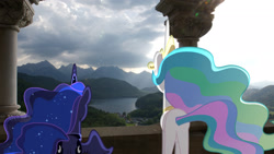 Size: 1920x1080 | Tagged: safe, artist:jordila-forge, artist:mr-kennedy92, princess celestia, princess luna, alicorn, pony, duo, featureless crotch, female, germany, irl, mare, mountain, neuschwanstein, photo, plot, ponies in real life, royal sisters, sisters, vector