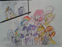 Size: 640x480 | Tagged: safe, artist:fergarcia220, applejack, dusk shine, fluttershy, pinkie pie, princess celestia, princess luna, rainbow dash, rarity, spike, sunset shimmer, trixie, twilight sparkle, oc, oc:nyx, alicorn, dragon, earth pony, pegasus, pony, unicorn, alternate mane seven, group, mane seven, mane six, rule 63, the unexpected love life of dusk shine, traditional art