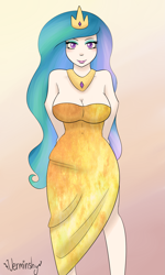 Size: 1795x3000 | Tagged: safe, artist:verminshy, princess celestia, human, cleavage, clothes, dress, humanized, light skin, solo