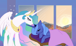 Size: 1366x827 | Tagged: safe, artist:bux, princess celestia, princess luna, alicorn, pony, s1 luna, sleeping