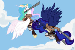 Size: 1951x1311 | Tagged: safe, artist:splinterstar, princess celestia, princess luna, alicorn, pony, attack on titan, clothes, crossover, female, flying, jacket, mare, mouth hold, signature, sisters