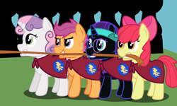 Size: 4000x2400 | Tagged: safe, artist:saturnstar14, apple bloom, scootaloo, sweetie belle, oc, oc:nyx, fanfic:past sins, cape, clothes, cmc cape, cutie mark crusaders, tug of war