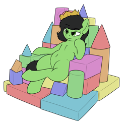 Size: 2795x2728 | Tagged: safe, artist:smoldix, oc, oc only, oc:anon filly, pony, semi-anthro, belly button, blocks, chest fluff, crown, female, filly, fluffy, jewelry, paper crown, raised eyebrow, regalia, simple background, sitting, smiling, smug, solo, throne, transparent background