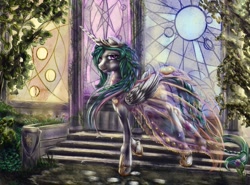 Size: 1625x1200 | Tagged: safe, artist:viwrastupr, princess celestia, alicorn, pony, alternate hairstyle, anatomically incorrect, beautiful, braid, clothes, color porn, dress, incorrect leg anatomy, jewelry, lidded eyes, looking at you, outdoors, regalia, see-through, smiling, solo, stairs, standing, unshorn fetlocks