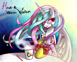 Size: 1000x800 | Tagged: safe, artist:renokim, princess celestia, alicorn, pony, clothes, coffee, drink, glasses, solo, sweater, table, turtleneck, winter