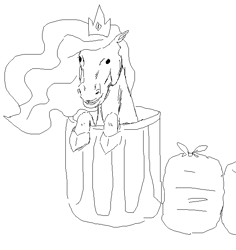 Size: 628x665 | Tagged: safe, artist:asdf314159265, princess celestia, alicorn, pony, hoers, monochrome, sketch, solo, trash can