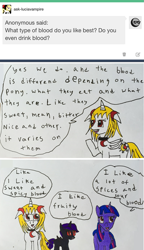 Size: 797x1381 | Tagged: safe, artist:ask-luciavampire, twilight sparkle, oc, oc:nyx, alicorn, vampire, vampony, alicorn oc, ask, blood, dialogue, traditional art, tumblr, tumblr comic, tumblr:ask-luciavampire