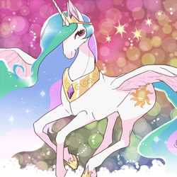 Size: 660x660 | Tagged: safe, artist:pasikon, princess celestia, alicorn, pony, crown, female, horn, mare, multicolored mane, multicolored tail, solo, white coat, white wings, wings