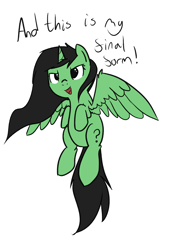 Size: 1441x2059 | Tagged: artist needed, safe, oc, oc:anon filly, alicorn, pony, alicornified, cute, female, filly, final form, flying, glare, open mouth, race swap, simple background, smiling, smirk, solo, species swap, spread wings, text, white background, wing fluff, wings, xk-class end-of-the-world scenario