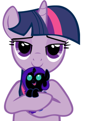 Size: 2800x4000 | Tagged: safe, artist:beavernator, twilight sparkle, oc, oc:nyx, pony, baby, baby pony, beavernator is trying to murder us, cute, female, filly, foal, holding a pony, hug, mama twilight, mother and child, mother and daughter, nyxabetes, parent and child, simple background, vector, weapons-grade cute, white background